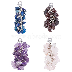 4Pcs 4 Style Natural Chip Gemstone Pendant Decorations, with Brass Lobster Claw Clasps, Platinum, Mixed Color, 53mm, 1pc/style(HJEW-FH0001-08)