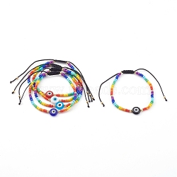 Rainbow Adjustable Nylon Cord Braided Bead Bracelets, with Glass Seed Beads, Evil Eye Lampwork Beads and Brass Beads, Golden, Mixed Color, Inner Diameter: 1-7/8~3-3/8 inch(4.8~8.5cm)(BJEW-JB06021)