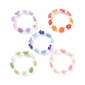 Glass Beaded Flower Wrap Stretch Finger Ring for Women, Mixed Color, US Size 6 1/2(16.9mm)
