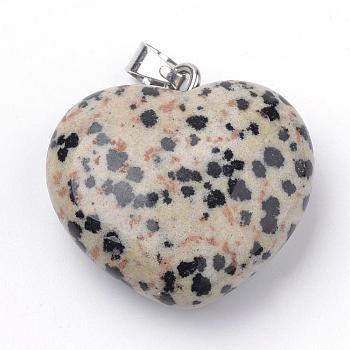 Natural Dalmatian Jasper Pendants, with Alloy Findings, Heart, Platinum, 27~29x28x11mm, Hole: 3.5x5mm