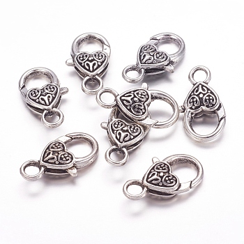 Tibetan Style Heart Lobster Claw Clasps, Cadmium Free & Lead Free, Antique Silver, about 25.5mm long, 14mm wide, 6mm thick, hole: 4mm