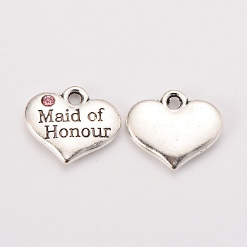 Wedding Theme Antique Silver Tone Tibetan Style Alloy Heart with Maide of Honour Rhinestone Charms, Cadmium Free & Lead Free, Light Rose, 14x16x3mm, Hole: 2mm
