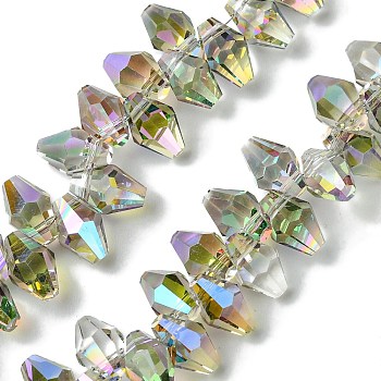 Transparent Electroplate Glass Beads Strands, Half Rainbow Plated, Faceted, Bicone, Dark Sea Green, 8.5~9x5.5~6mm, Hole: 0.9mm, about 92~98pcs/strand, 13.78''(35cm)