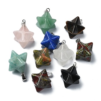 Natural & Synthetic Mixed Gemstone Pendants, Merkaba Star Charms with Platinum Plated Iron Snap on Bails, 24x17x20mm, Hole: 6x2.5mm