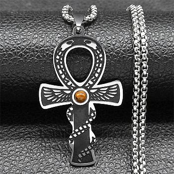 304 Stainless Steel Pave Natural Tiger Eye Ankh Cross Pendant Box Chain Necklaces, Stainless Steel Color, 19.49 inch(49.5cm)