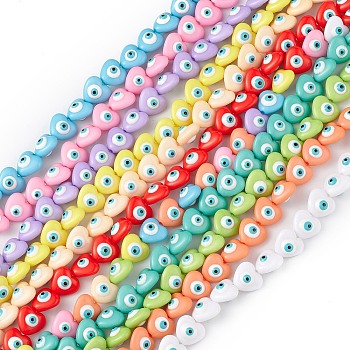Evil Eye Resin Beads Strands, Heart, Mixed Color, 12.5x14x9mm, Hole: 1.8mm, about 30pcs/strand, 14.25 inch(36.2cm)