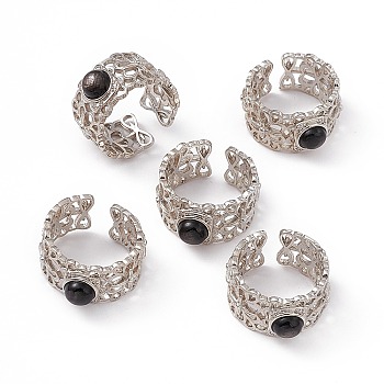 Hollow Natural Obsidian Cuff Rings, Platinum Tone Brass Open Rings for Women, 10.5~11.5mm, Inner Diameter: 17mm
