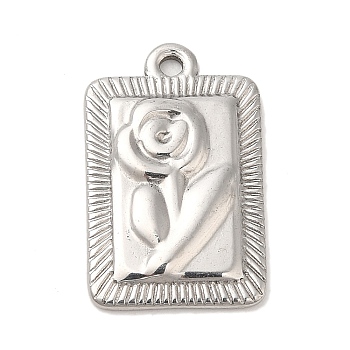 304 Stainless Steel Pendants, Rectangle with Rose Charm, Stainless Steel Color, 21.5x13.5x2mm, Hole: 1.2mm