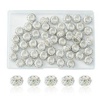50Pcs Polymer Clay Rhinestone European Large Hole Beads, with Silver Color Plated Brass Cores, Rondelle, Crystal AB, 11~12x7~7.5mm, Hole: 5mm