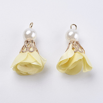Nylon Pendant Decorations, with Iron Findings, and Acrylic Pearl Beads, Flower, Light Gold, Yellow, 30x27mm, Hole: 2mm