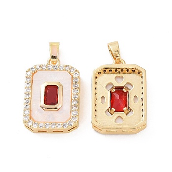 Brass Micro Pave Cubic Zirconia Pendants, with White Shell, Octagon Rectangle Charms, Real 18K Gold Plated, 19x13x4mm, Hole: 4x2.5mm