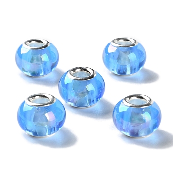 Shell Transparent Brass Cores Acrylic European Beads, Round, Large Hole Bead, Silver, Cornflower Blue, 13.5x10mm, Hole: 5mm