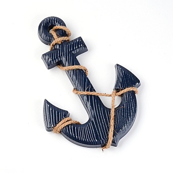 Wooden Hanging Decorate, Twined with Hemp Cord, Anchor, Midnight Blue, 335x230x34mm, Hole: 8x9.5mm