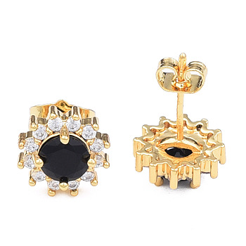 Cubic Zirconia Flower Stud Earrings, Golden Brass Jewelry for Women, Nickel Free, Black, 11x11mm, Pin: 0.7mm