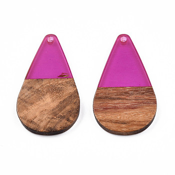 Transparent Resin & Walnut Wood Pendants, Teardrop Shape Charm, Orchid, 38x22x3mm, Hole: 2mm