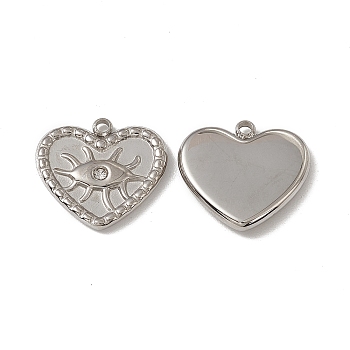 201 Stainless Steel Pendants, with Rhinestone, Heart with Eye Charm, Stainless Steel Color, 15x15.5x2.5mm, Hole: 1.2mm