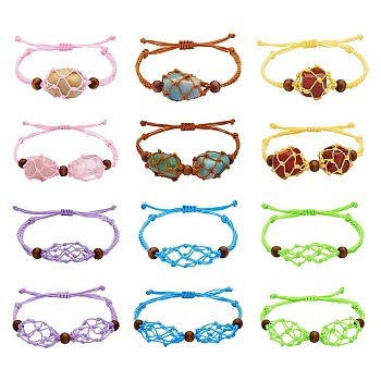 12Pcs Adjustable Braided Nylon Cord Macrame Pouch Bracelet Making, Interchangeable Stone, with Natural Wood Beads, Mixed Color, Inner Diameter: 1-7/8~3-1/4 inch(4.7~8.4cm)