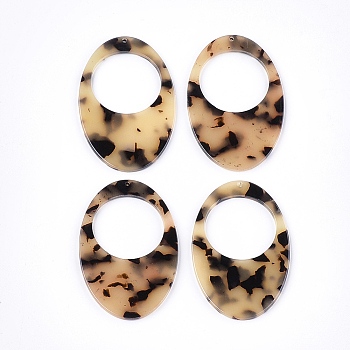 Cellulose Acetate(Resin) Big Pendants, Leopard Print, Oval, PapayaWhip, 62x40x3mm, Hole: 1.5mm