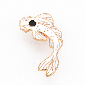 Rack Plating Alloy Enamel Brooches, Enamel Pins, with Brass Butterfly Clutches, Fish, Cadmium Free & Nickel Free & Lead Free, Light Gold, White, 38.5x23mm, Pin: 1mm