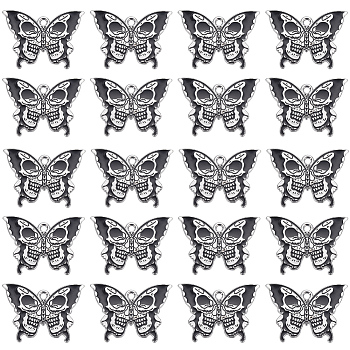Halloween Alloy Enamel Pendants, Butterfly with Skull Charm, Platinum, Black, 20x27.5x1mm, Hole: 1.8mm, 20pcs/box