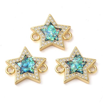 Rack Plating Brass Micro Pave Clear Cubic Zirconia Star Connector Charms, with Synthetic Opal, Real 18K Gold Plated, Long-Lasting Plated, Lead Free & Cadmium Free, Light Sea Green, 15x16x3mm, Hole: 1.8mm