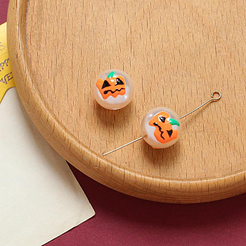 Halloween Resin Imitation Pearl Beads, Enamel Style, Round with Pumpkin Pattern, Orange Red, 12mm