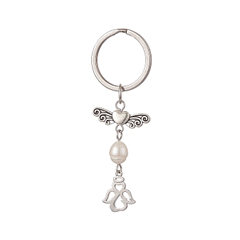 304 Stainless Steel Angel Keychains, with Natural Cultured Freshwater Pearl Beads, Mixed Color, 7cm