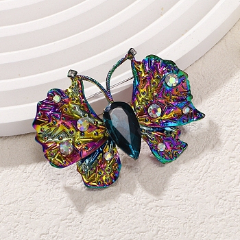 Alloy Rhinestone Brooches, Rainbow Color, Butterfly, 41.5x58mm