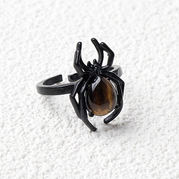 Natural Tiger Eye Spider Open Cuff Rings, Gunmetal Tone Metal Finger Rings for Unisex, Inner Diameter: Adjustable
