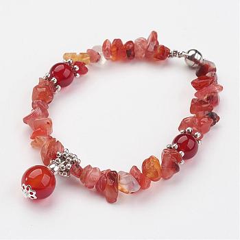 Natural Carnelian(Dyed & Heated) Beaded Bracelets, with Brass Magnetic Clasp, 7-1/8 inch(18cm)