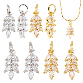 8Pcs 2 Colors Rack Plating Brass Pave Cubic Zirconia Pendants, Leaf Charms with Jump Ring, Long-Lasting Plated, Lead Free & Cadmium Free, Mixed Color, 16x8x3mm, Hole: 4mm, 4pcs/color
