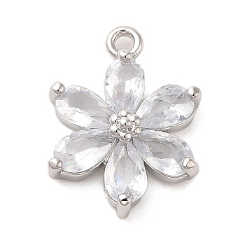 Brass Pendants, with Glass, Long-Lasting Plated, Platinum, Flower Charm, Clear, 15x11.5x3.5mm, Hole: 1.2mm