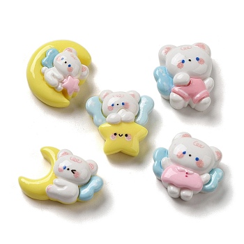 Opaque Cartoon Resin Decoden Cabochons, Bear with Moon & Star & Cloud, Mixed Shapes, Mixed Color, 15~20.5x17~20.5x6~8.5mm