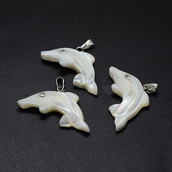 Shell Pendants, with Brass Findings and Rhinestone, Dolphin, Crystal, Platinum, 22~24x27~29x3~4mm, Hole: 2x5mm