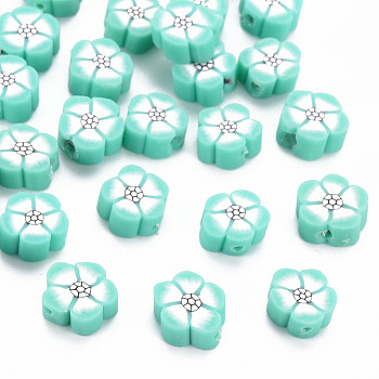 Handmade Polymer Clay Beads, Flower, Turquoise, 9~10x9~10x4~5mm, Hole: 1.2mm