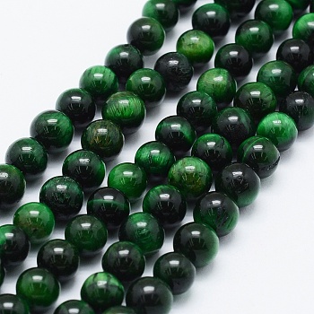 Natural Tiger Eye Beads Strands, Dyed & Heated, Round, Green, 6mm, Hole: 1mm, about 65pcs/strand, 14.6 inch(37cm)