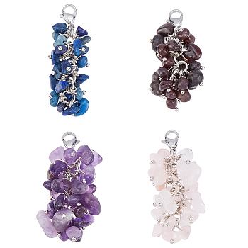 4Pcs 4 Style Natural Chip Gemstone Pendant Decorations, with Brass Lobster Claw Clasps, Platinum, Mixed Color, 53mm, 1pc/style