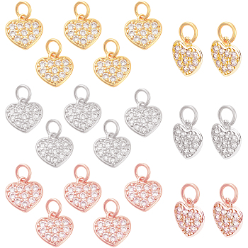 24Pcs 3 Colors Brass Micro Pave Clear Cubic Zirconia Charms, Heart with Jump Rings, Mixed Color, 10x10x1.8mm, Hole: 3mm, 8pcs/color