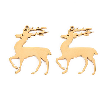 Christmas 304 Stainless Steel Pendants, Laser Cut, Christmas Reindeer/Stag, Real 14K Gold Plated, 24x20x1mm, Hole: 1mm