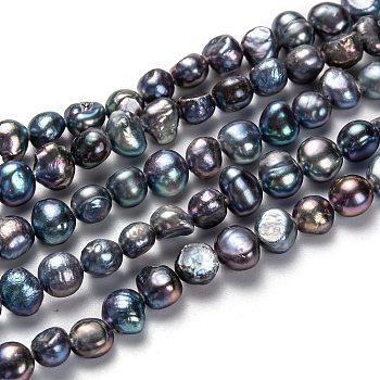 Natural Cultured Freshwater Pearl Beads Strands, Potato, Dyed, Prussian Blue, 5~7x6~8mm, Hole: 0.6mm, about 58pcs/strand, 13.78 inch(35cm)