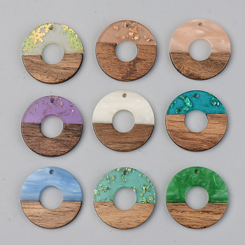 Resin & Walnut Wood Pendants, Flat Round, Mixed Color, 28x3mm, Hole: 2mm