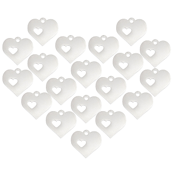 20Pcs 304 Stainless Steel Charms, Stamping Blank Tag, Heart with Heart, Stainless Steel Color, 12.5x12.5x1.2mm, Hole: 1mm