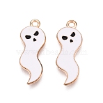 Halloween Theme Alloy Enamel Pendants, Cadmium Free & Lead Free, Light Gold, Ghost Charm, White, 26x9.5x1.5mm, Hole: 1.8mm(PALLOY-N176-41A-RS)