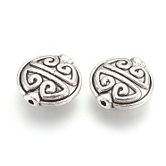 Tibetan Style Alloy Beads, Flat Round with Longevity Pattern, Antique Silver, 15x5.5mm, Hole: 1.2mm(PALLOY-O081-03AS)