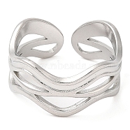 304 Stainless Steel Open Cuff Rings, Wave, Stainless Steel Color, US Size 6 3/4(17.1mm)(RJEW-K245-79P)