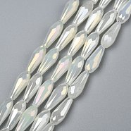Electroplated Opaque Glass Beads Strands, Full Rainbow Plated, Faceted, Teardrop, WhiteSmoke, 15x6mm, Hole: 1mm, about 50pcs/Strand, 28.35 inch(72cm)(EGLA-L015-FR-B17-01)