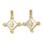 Brass Micro Pave Cubic Zirconia Pendants, with Shell, Diamond, Real 18K Gold Plated, 25x22.5x3mm, Hole: 4.5x3.5mm(KK-D057-01G)