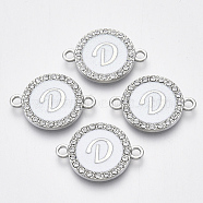 Alloy Enamel Links Connectors, with Crystal Rhinestones, Flat Round with Letter, Silver Color Plated, Letter.D, 22x16x2mm, Hole: 1.8mm(ENAM-TAC0003-01S-04D)