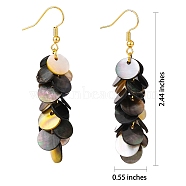 Natural Black Lip Shell Dangle Earrings, Cluster Earrings, with Brass Earring Hoops, Flat Round, Real 18K Gold Plated, 62x14mm, Pin: 0.6mm(X1-EJEW-JE04370)