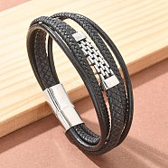 Braided Microfiber Leather Multi-strand Bracelets, 304 Stainless Steel Chain Charm Bracelets for Women Men, Black, 8-5/8 inch(22cm)(BJEW-Q010-06A)